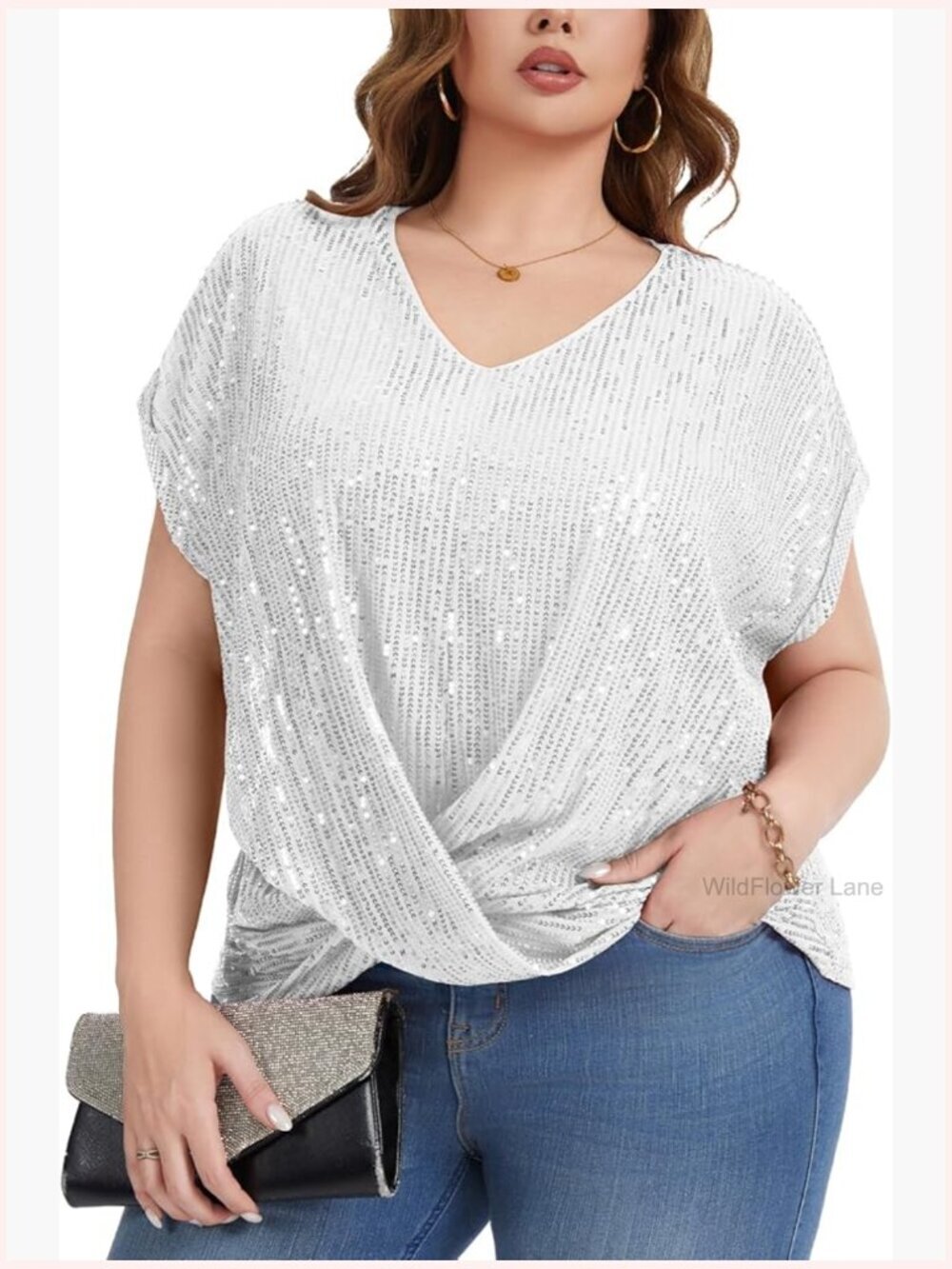 Plus Size Sequin Top Short Batwing Sleeve V Neck Tunic Blouse Fully Lined